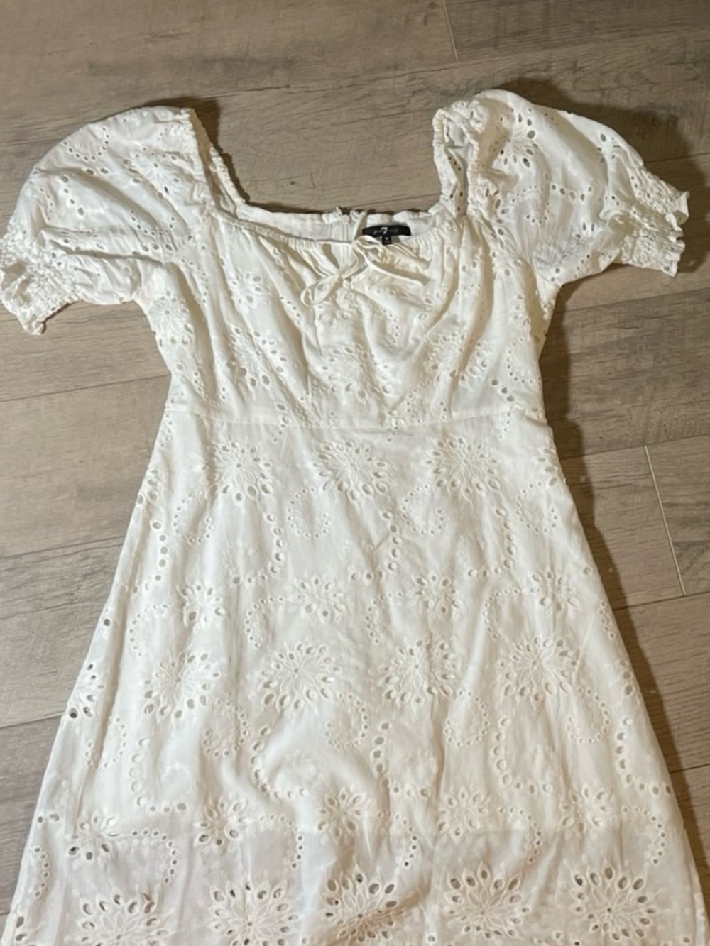 7 For All Mankind White Eyelet Puff-Sleeve Midi Dress